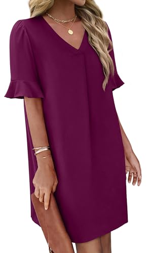 Image of OFEEFAN Summer Dresses for Women Ruffle Short Sleeve V Neck Casual Shift Dress with Pockets