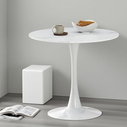 BRIBRION 80cm Round Tulip Dining Table - Pedestal with Metal Base, Space Saving Small Kitchen & Cafe for 2-4 People (Marble White)