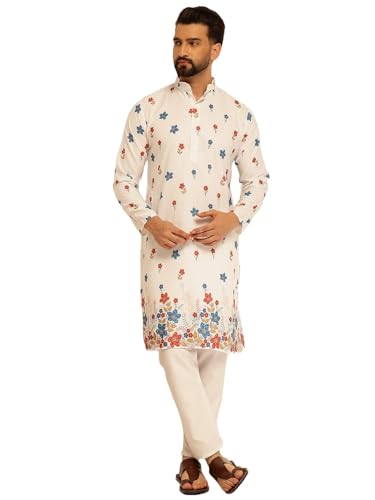 Image of SOJANYA (Since 1958 Men's Cotton Kurta Pyjama with Daman Print & Krochet Embroidery