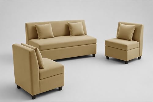 Image of 3+1+1 Modern Velvet Fabric Sofa Set for Living Room | Three Seater Sofa with 2 Single Seater Chairs | for Home, Office| Golden
