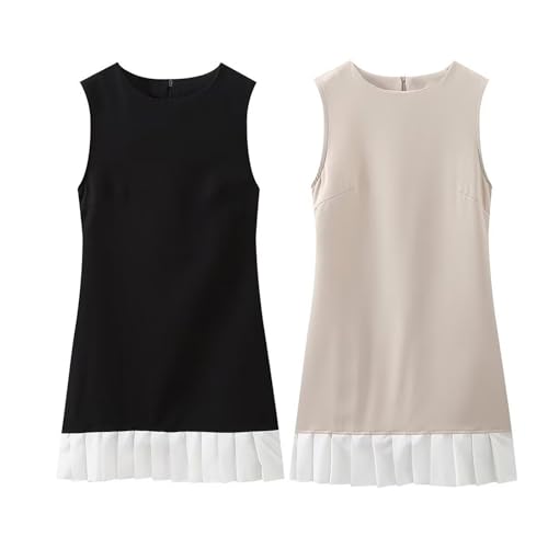 HGps8w Women's Elegant Pleated Patchwork Mini Dress Casual Slim Fit Flared Round Neck Sleeveless Party Office Tank Dresses4