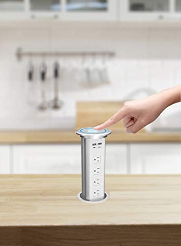 Kungfuking Surge Protector Intelligent Motorised Pop Up Socket Electric Retractable Outlet Power Strip & Dual USB Port with Wireless Charging Stations for Kitchen Island, Counter Top, Conference Room