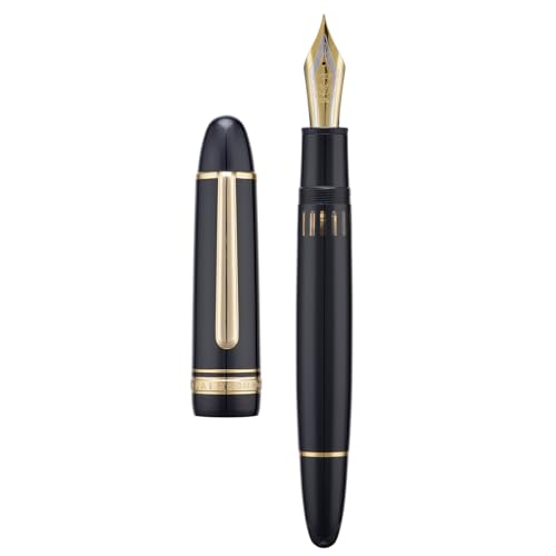 Yongsheng Junlai 930 アクリル万年筆 サイズ9 太字ペン先 ピストン充填システム付き ピアノブラックフェンス インクタンク 魚雷型デザイン 大型ハンドペン(ゴールドトリム)