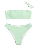 ZAFUL Women Strapless Ribbed High Cut Bandeau Bikini Lace Up 2 Pieces Swimwear(1-Mint Green,XL)
