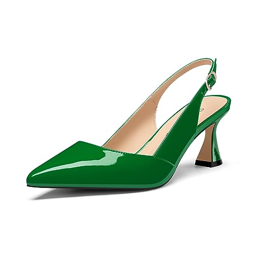 Saekcted Womens Mid Heel Pointed Toe Pumps Ankle Strap Slingback Slip-on Prom Cute Patent Leather Summer 2.6 Inches Heels
