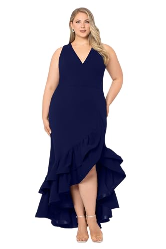 Betsy & Adam Women's V-Neck Hi Low Ruffle Scuba Crepe Dress