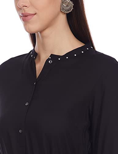 Image of Wishful By W womens Black Mandarin Collar Kurta-Printed Parallel Pants Set