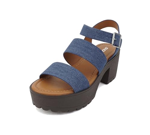 Image of Soda ACCOUNT ~ Women Open Toe Two Bands Lug sole Fashion Block Heel Sandals with Adjustable Ankle Strap