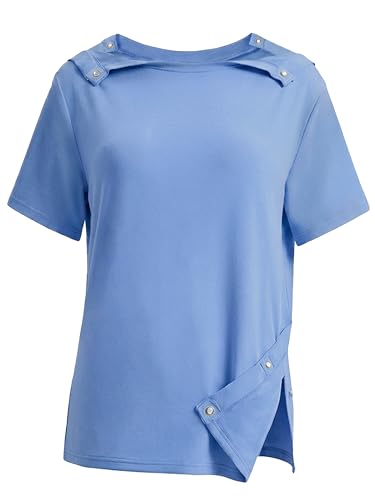 Ecavus Post Shoulder Surgery Shirts with Magnetic Buttons for Women Tear Away Short Sleeve After Rotator Cuff Shirts Chemo Port Adaptive Clothing Blue L