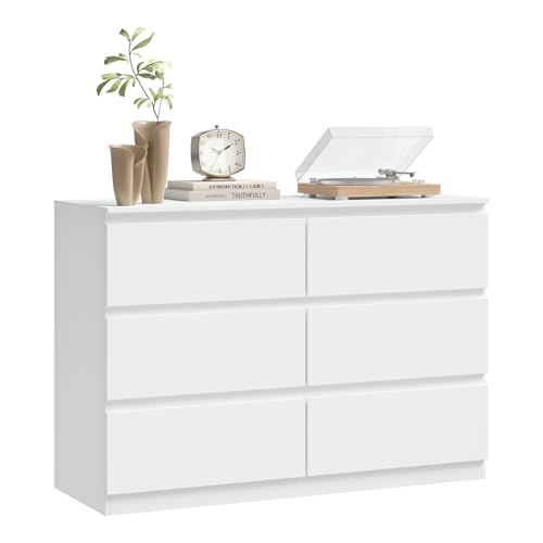 WOLTU Cómoda Cajonera Blanca de 6 Cajones, Cajonera Organizador de Estilo Moderno, Mueble de Almacenamiento para Dormitorio, Salón y Pasillo, 100x36x69 cm, Madera de Ingeniería, KMD007ws