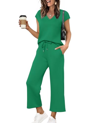 Image of Saloogoe Two Piece Sets for Women Summer Outfits Lounge Sets V Neck Tops Wide Leg Pants Woman Vacation Travel Outfits