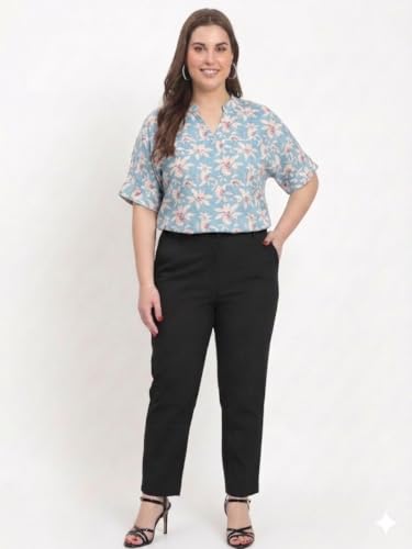 Image of SINDOORI Relaxed Fit Tops for Women Plus Size Solid Printed Mandarin Collar, Band Collar, V-Neck Top, Half Sleeve Loose Fit