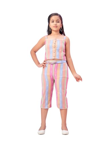 Image of Aarika Girls Casual Wear Pink Colour Stripes Print Cotton Top & Pant With Belt