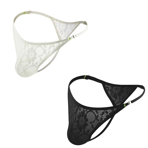 Mens Sexy Lace Thong - Adjustable Stretch Low Waistband Rise T-back Comfortable Thong Underwear