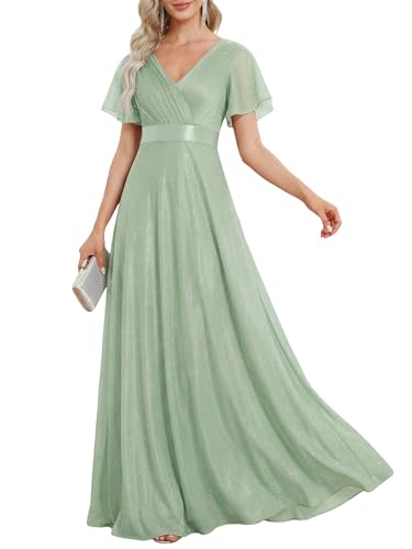Image of Ever-Pretty Women's Summer Glitter Formal Dresses Evening Gown V Neck Short Sleeves Floor Length Mother of Bride Dress 50159