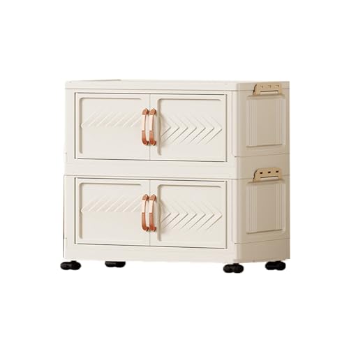 Zapatero apilable de plástico con puertas transparentes y ruedas, ahorro de espacio, plegable, para entrada y dormitorio, 2 niveles, 2 rejillas, color blanco