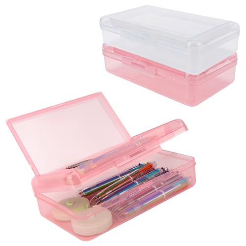 Image of Pencil Case Box, 2 PCS Clear Light Pink Double Layer Large Capacity Plastic Pencil Boxs, Clear Hard Pen Case with Snap-tight Lid,Storage Art Craft Box Marker Organizer for Girl Offices School Supplies