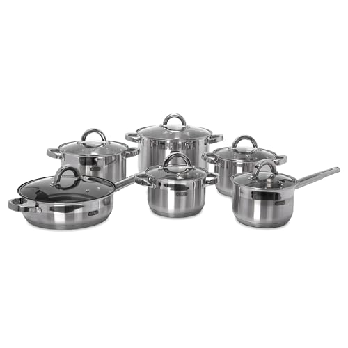 Alberto 12Piece MirrorPolished 18/10 Stainless Steel Cookware Set | InductionReady Pots & Frypan w/Tempered Glass Lids