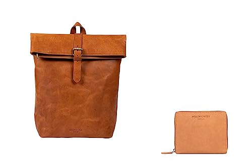 HOLZRICHTER Berlin Bundle No 1-6 camel – Bestehend aus einem hochwertigen Rucksack und einer kompakten Geldbörse mit Reißverschluss handgefertigt aus Premium-Leder