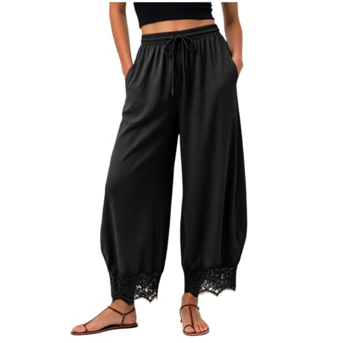 Image of Lace Trim Wide Leg Pants for Women Summer Cropped Lightweight Casual Pants Womens Wide Leg Trousers Y2K Lace Trim Hem Long Bottoms Drawstring Mid Rise Solid Palazzo Casual Loose Trousers Black