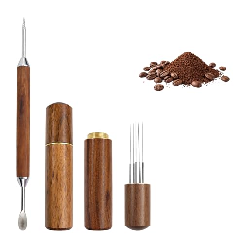 3PCS Espresso Distribution Tool Dual-Function 6 Needles Coffee Stirrer & Latte Art Pen Natural Wood & Stainless Steel Perfect for Home Office or Caf Use(Rosewood