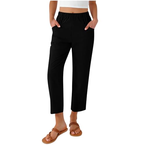 bawilom Capris Pants for Women Summer Casual Loose Elastic High Waist Straight Leg Lounge Beach Cropped Trouser with Pockets Black