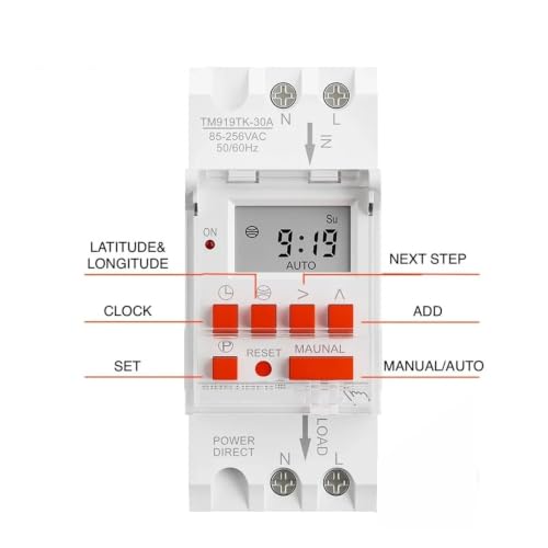 Interruptor horario digital TM919TK de 30A para programar sistemas eléctricos con riel DIN 3
