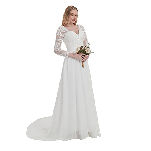 Findlovewedding Wedding Dresses for Bride 2022 with Lace Appliques Chiffon A Line Women Dress Long Sleeves Beach Bride Dress US4 Ivory