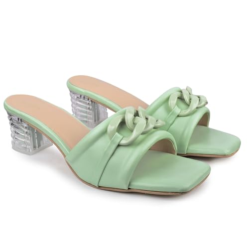 Image of Women's Slip On-On Heeled Sandals with Transparent Block Heels & Decorative Chain Strap Signora103| Fashionable Summer Slides Trendy Chain Strap Signora103