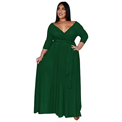 Image of Nmoder Plus Size Maxi Dress for Women - Summer Casual 3 /4 Sleeve Floral Flowy Long Dress with Belt XL- 6XL