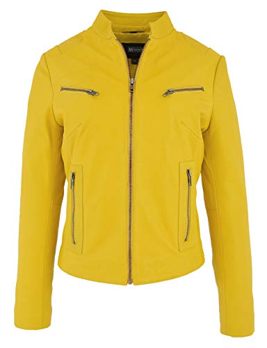 Veste de motard en cuir jaune haut de gamme Jenny confection taille 40