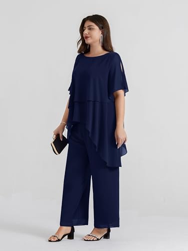 Hanna Nikole 2025 Plus Size Mother of The Bride Pant Suits 2 Piece Chiffon Sets Ruffle Asymmetric Layers Wedding Guest Outfit4
