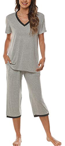 Jinshi Women's Short Sleeve Pajama Set Moisture Wicking Sleepwear For Women V-Neck Sleep Tops Light Grey Large #TOP15