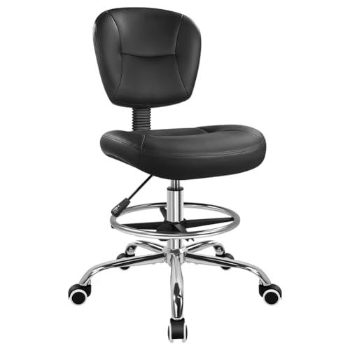 WKWKER Drafting Chair with Back Footrest Adjustable Office Stool Chair 360 Swivel Rolling Stool with Wheels Desk Chair with Backrest for Office Lab Studio Counter Spa Bedroom Kitchen Shop (Black)