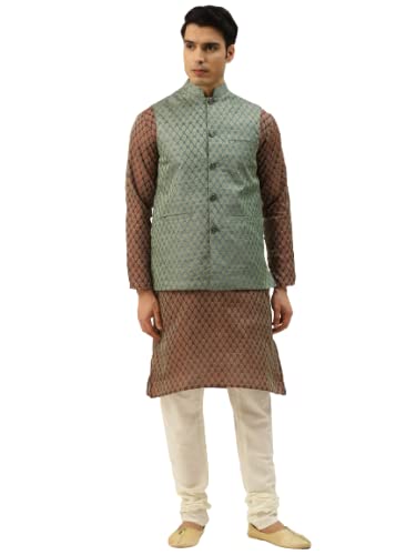 Image of SOJANYA (Since 1958, Men's Silk Blend Grey Kurta Pyjama & Silk Blend Jacket Combo