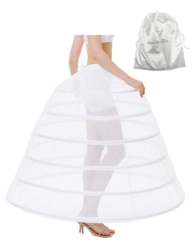 BEAUTELICATE Reifrock Brautkleid Damen Petticoat Unterrock Lang 6 Ringen Crinoline Rockabilly für Brautkleid Ballkleid Hochzeit Halloween Carneval Weiß 44-46