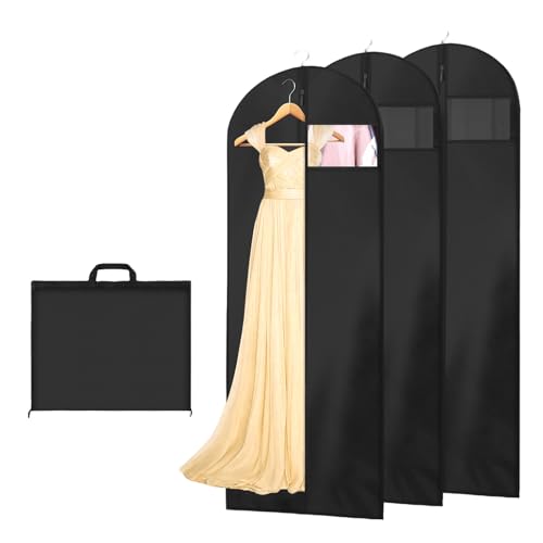 AMFUN 3 Piezas Fundas Ropa, 180 x 60 cm, Negro con Ventana Visible, al Agua y a la Humedad, para Vestidos de Novia o Fiesta