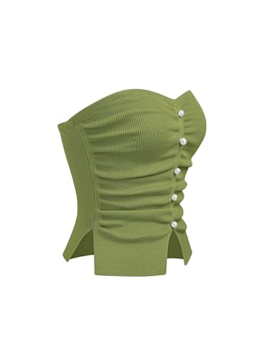 Image of CIDER Faux Pearl Tube Tops for Women Split Hem Knit Crop Y2K Going Out Tops | Cute Ruched Tops, Spring Summer Outfits, Vacation, Concert