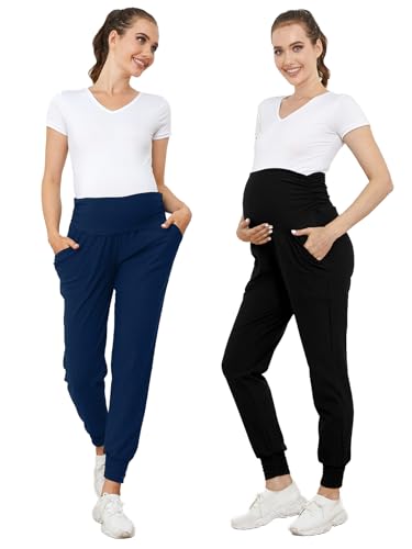 PARNIXS Umstandsmode Zweiteiliges Set Basic Stretch-Design mit Taschen Weiche Leggings für aktive Mütter Yogahosen Ganzjährig tragbar