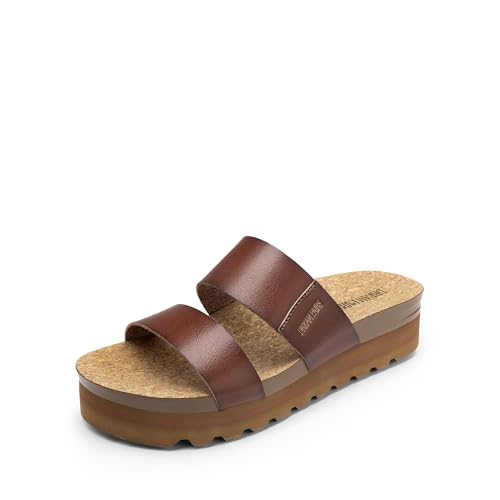 DREAM PAIRS DREAM PAIRS Women's Platform Wedge Sandals with Arch Support, Comfortable Beach Slip-on Flat Sandals, Casual 2-Strap Cork Cushion Slides for Women,Size 6,Brown-Pu,SDPW2415W
