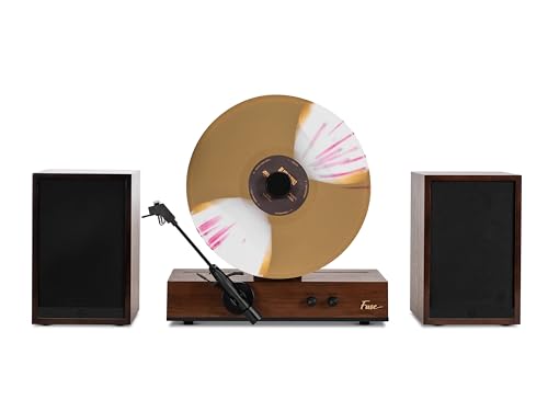 Fuse GLD - Tocadiscos de vinilo vertical con altavoces | Borde negro | Bluetooth 5.3 | Altavoces externos de rango completo | Cartucho premium | Moderno vintage de mediados de siglo | Madera de fresno