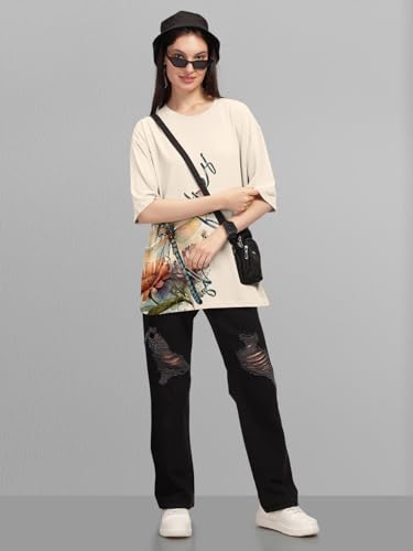 Image of HELLCAT Beige Trendy Printed Oversized T-Shirt for Women
