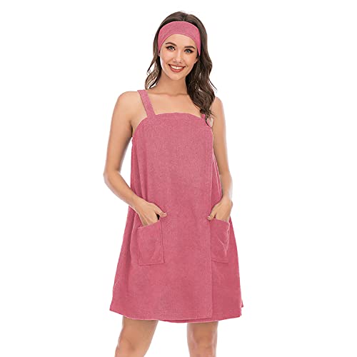 Verve Jelly Ladies Towel Wrap Cotton Sarong Towel Shower Spa Sauna Beach Gym Towelling Robe Cover-Up with Pocket Straps Robe Facial Headband Watermelon Red XXXL