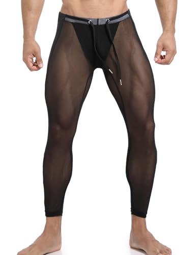 AIEOE Netzhose Durchsichtige Sport Unterhose Lang Slim Fit Mesh Hose Elasitsche Netzunterhose mit Tunnelzug Schwarz Größe XL
