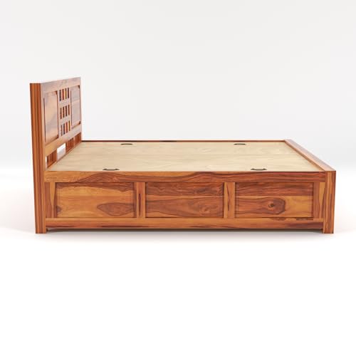 Image of Sheesham Wood King Size Bed with Storage Box | Wooden Box Bed King Size Double Cot Bed with Storage for Bedroom | Premium Tile Dalla Design Headboard Bed for Hotel, Home | Honey Finish