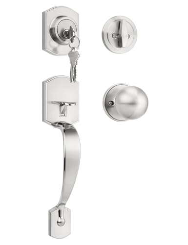 Image of Tinewa Camelot Trim Lower Half Entry Handleset and Deadbolt Set Satin Nickel, Upgated Entry Door Handle with Door Knob for Electronic Keypad, Sliver Front Door Lock Set