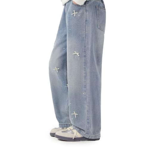 Baggy Jeans for Girls Rhinestone Bows Wide Leg Pants Adjustable Waist Pockets Cute Jeans for Girls Teen Kids Washed3