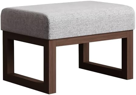 BELLEZE 19 Inch Wide Ottoman Foot Rest, Rectangle Foot Stools with Solid Wood Base and Linen Padded Seat, Stable Footstool for Living Room, Bedroom - Grey