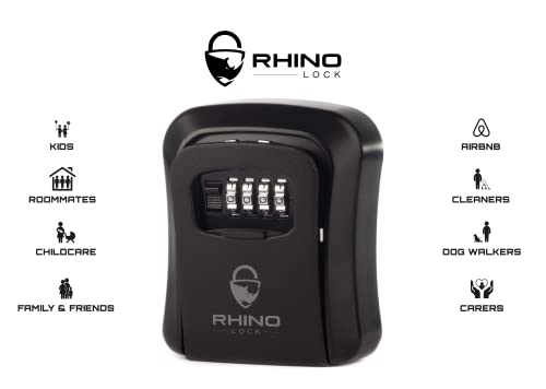 Rhino Lock Secure Key Combination Safe - Outdoor Heavy Duty Wall Mounted Security Key Safe - Large Internal Storage for House or Office Keys with Strong 4 Digit Lock #UKBrand (Medium, Black)