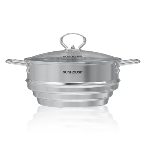 Comparison: Best Large Stainless Steel Steamer 8 SUNHOUSE 5 Quart Stainless Steel Steamer Insert – Multi-Purpose Soup & Food Steamer with Stay-Cool Handles & Heavy-Duty Glass Lid – Fits Various Pot Sizes (8", 8.5", 9.5")